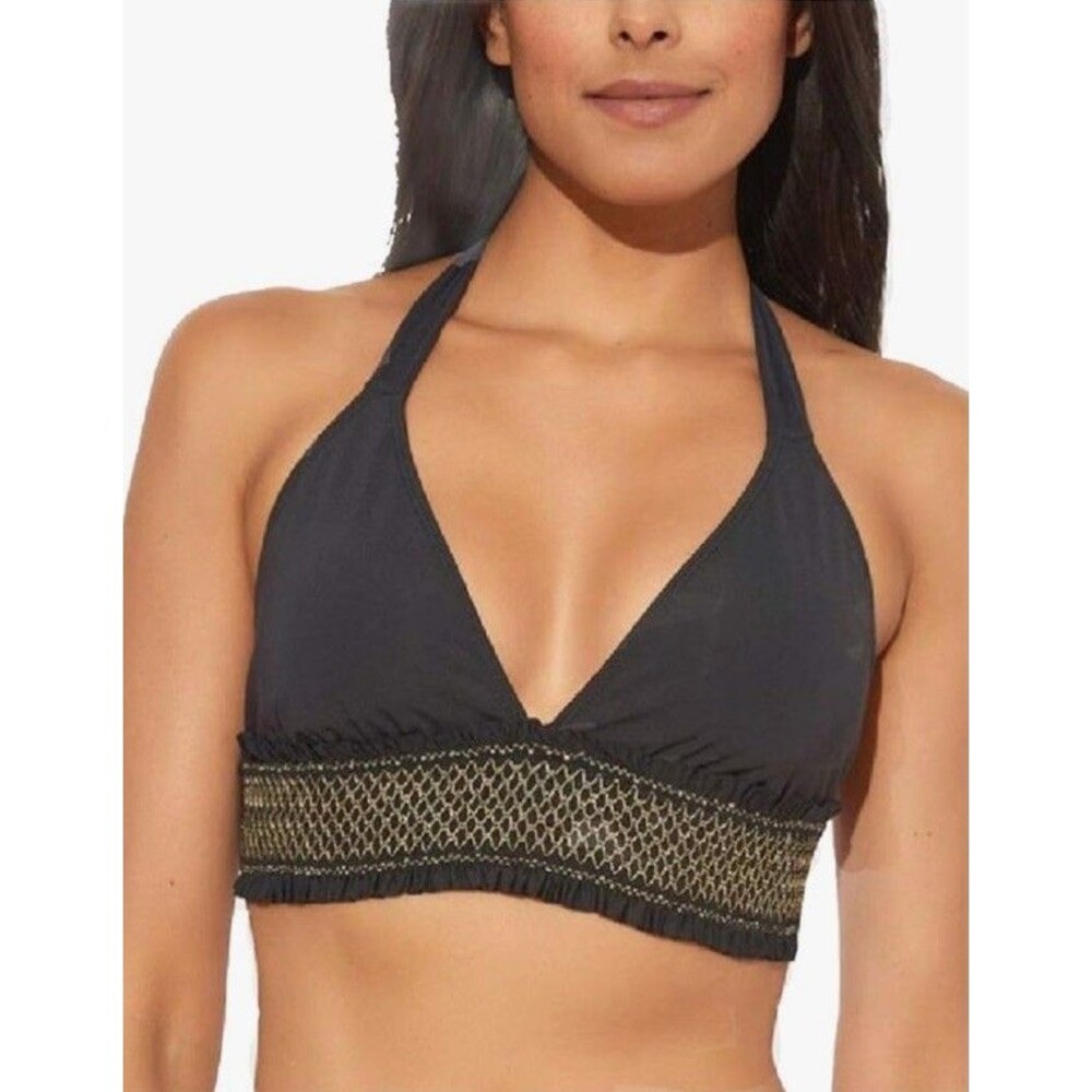 Bleu Rod Beattie Halter Bikini TOP Gold Metallic Smocked Black Size 6 NWT
